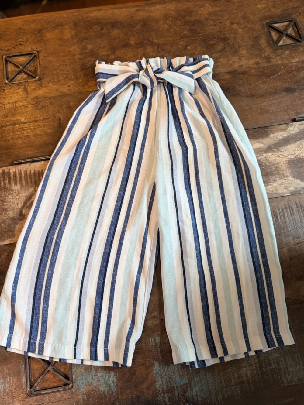 Knitworks Striped Paperbag Waist Wide-Leg Pants - Navy, Light Blue, White